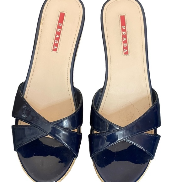 PRADA Platform Cork Wedge
Navy Blue Patent Leather
Sandals Sz EU 37.5 US 7.5 - Picture 2 of 15